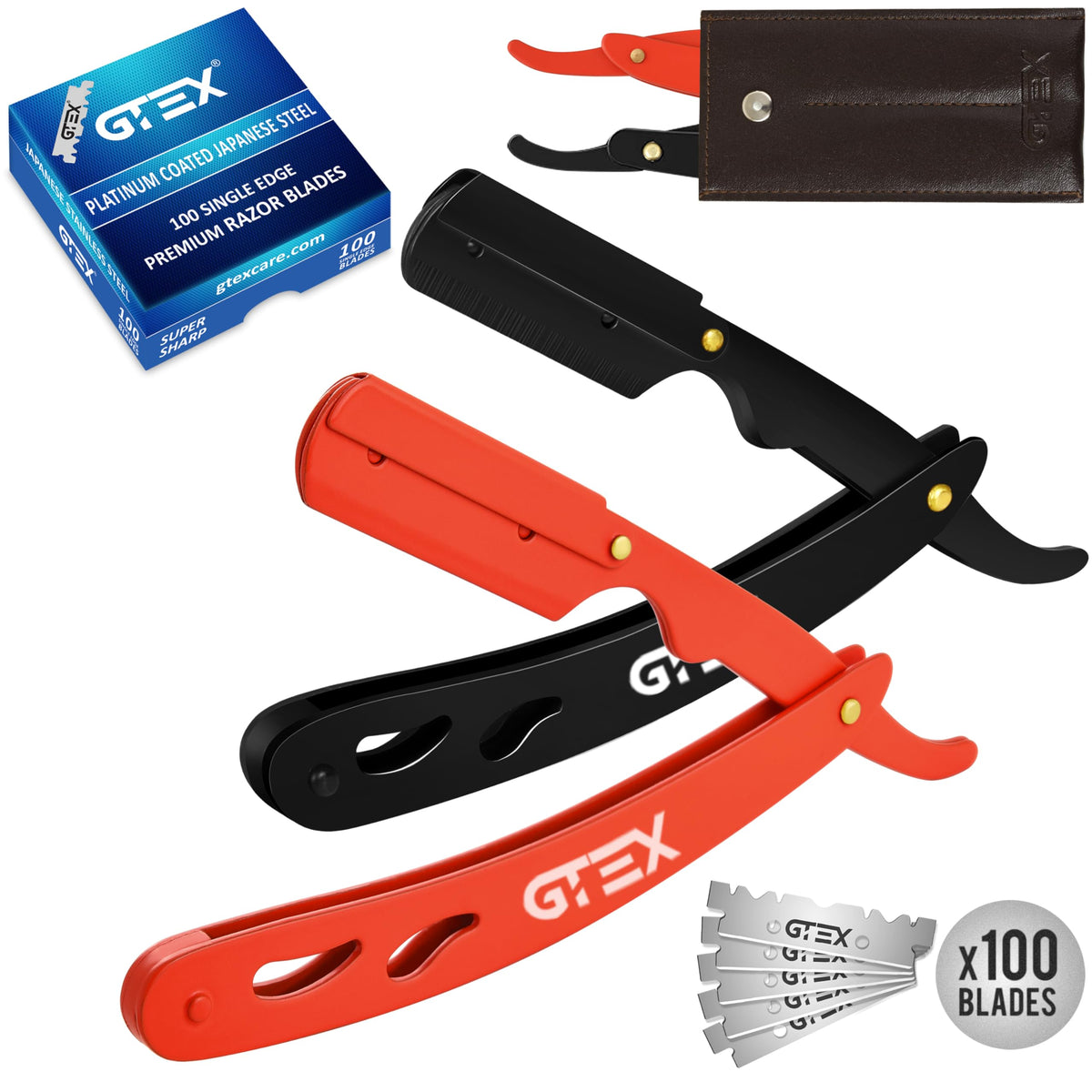 GTEX straight razor for men with red-black handle, ideal for precise at-home shaving.