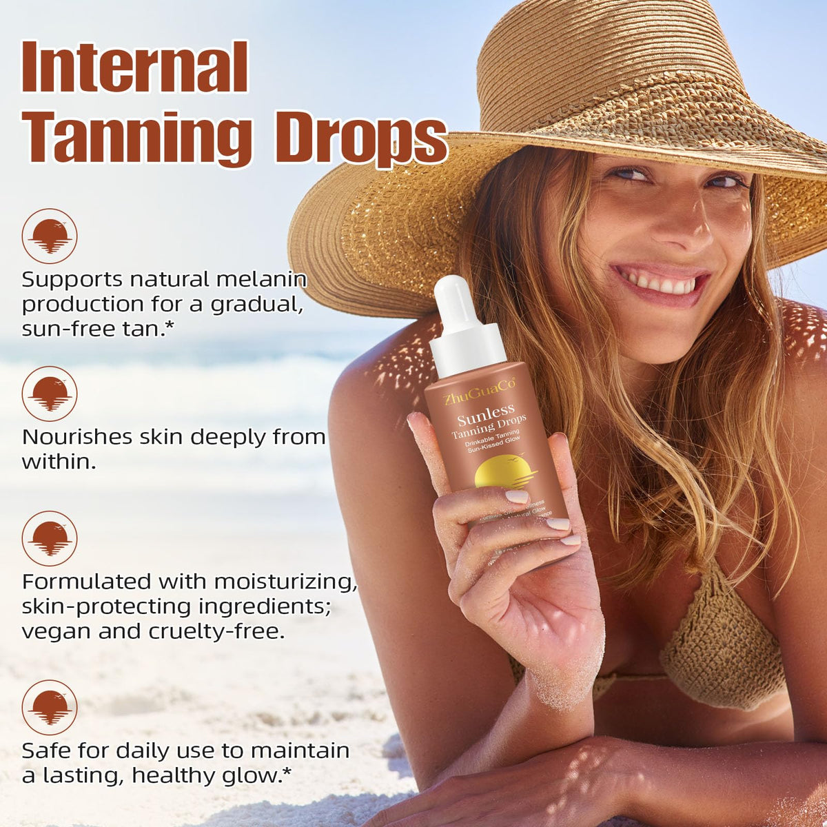 GTZSXNP Sunless Drops bottle close-up highlighting natural ingredients.