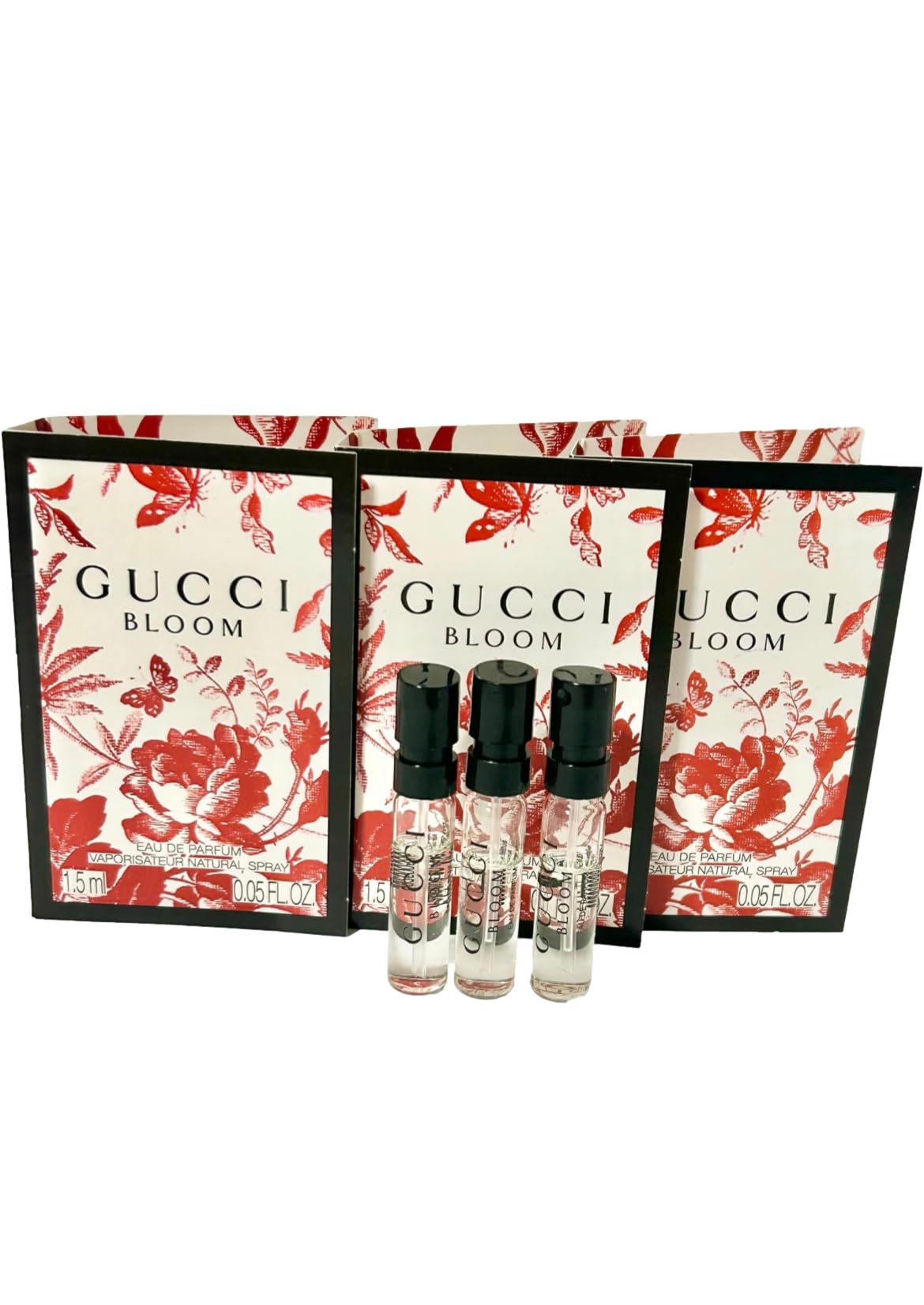 Gucci Bloom mini spray 1.5 ml pack three, front view for travel use.