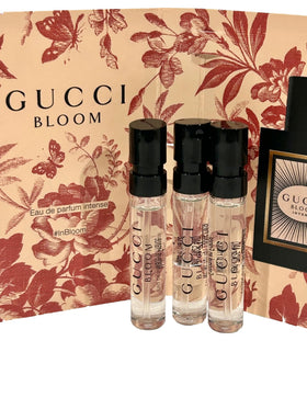 Gucci Bloom packaging close-up highlighting the elegant 3-sample set.