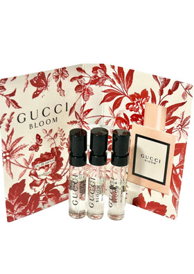 Gucci Bloom travel-size samples showcase three 1.5 ml bottles together.
