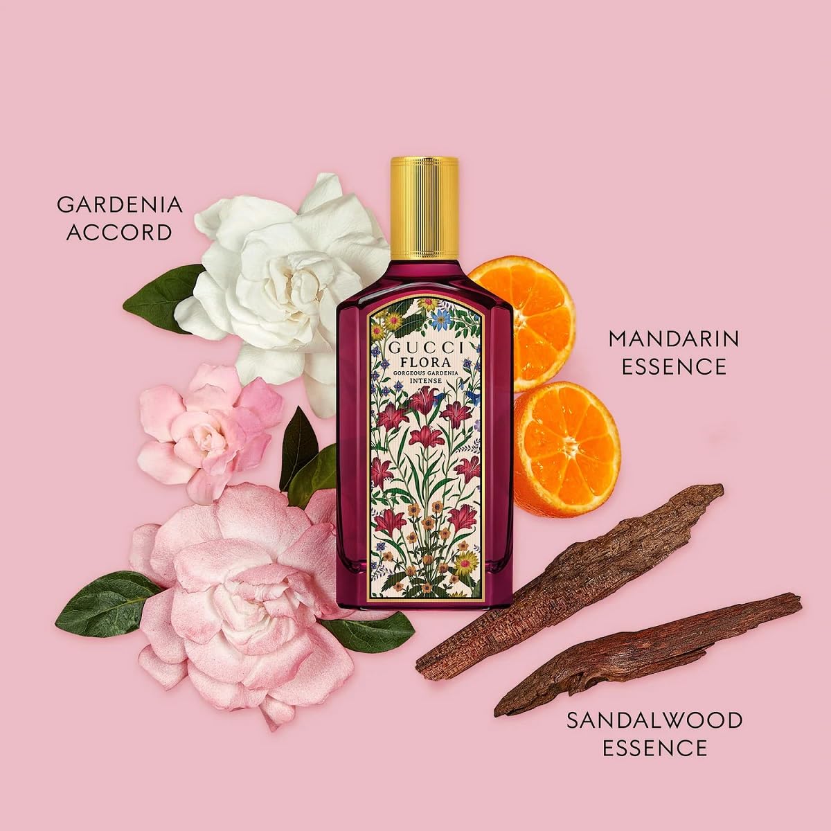 Gucci Flora Gorgeous Gardenia Intense label close-up emphasizing premium branding.