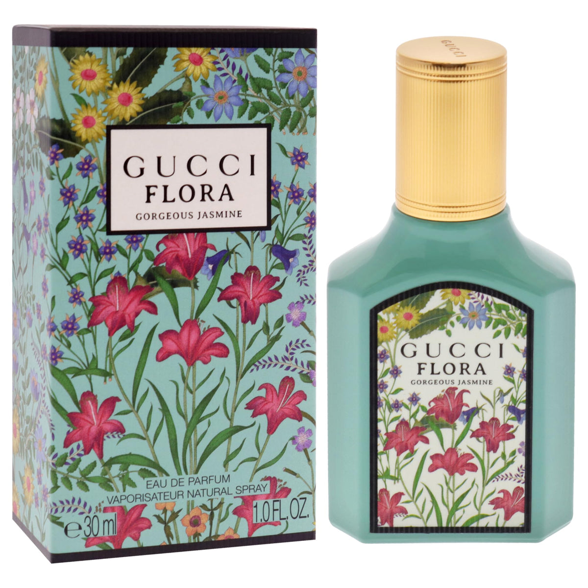 Gucci Flora Gorgeous Jasmine cap detail premium packaging signals luxury.