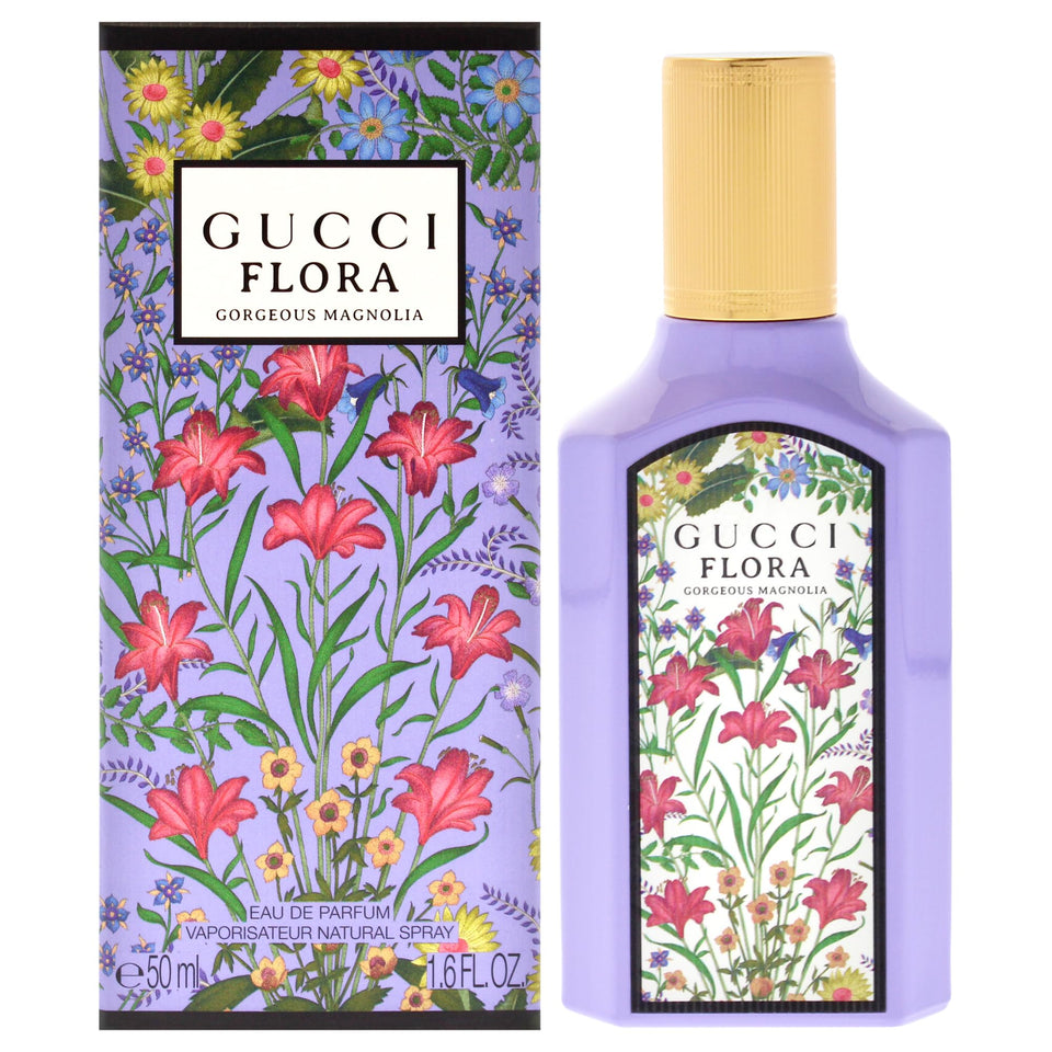Gucci Flora Gorgeous Magnolia bottle close-up showcasing an elegant design.