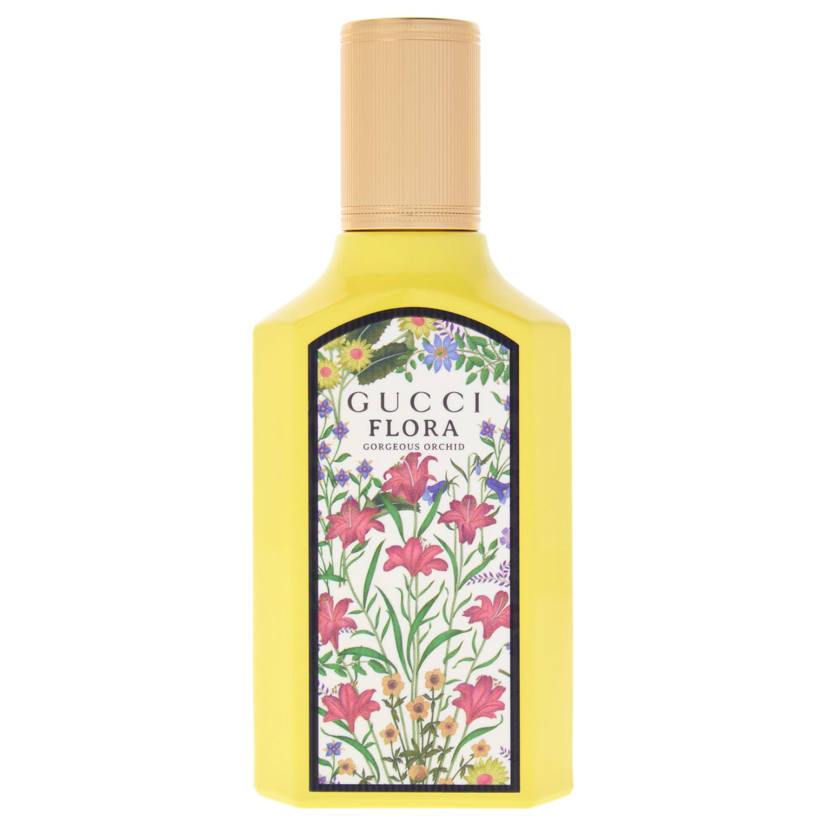 Gucci Flora Gorgeous Orchid bottle front showcases the scent's luxurious floral gourmet character.