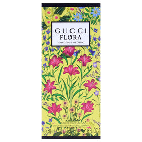 Gucci Flora Gorgeous Orchid outer box view emphasizes the brand's iconic style and fragrance promise.