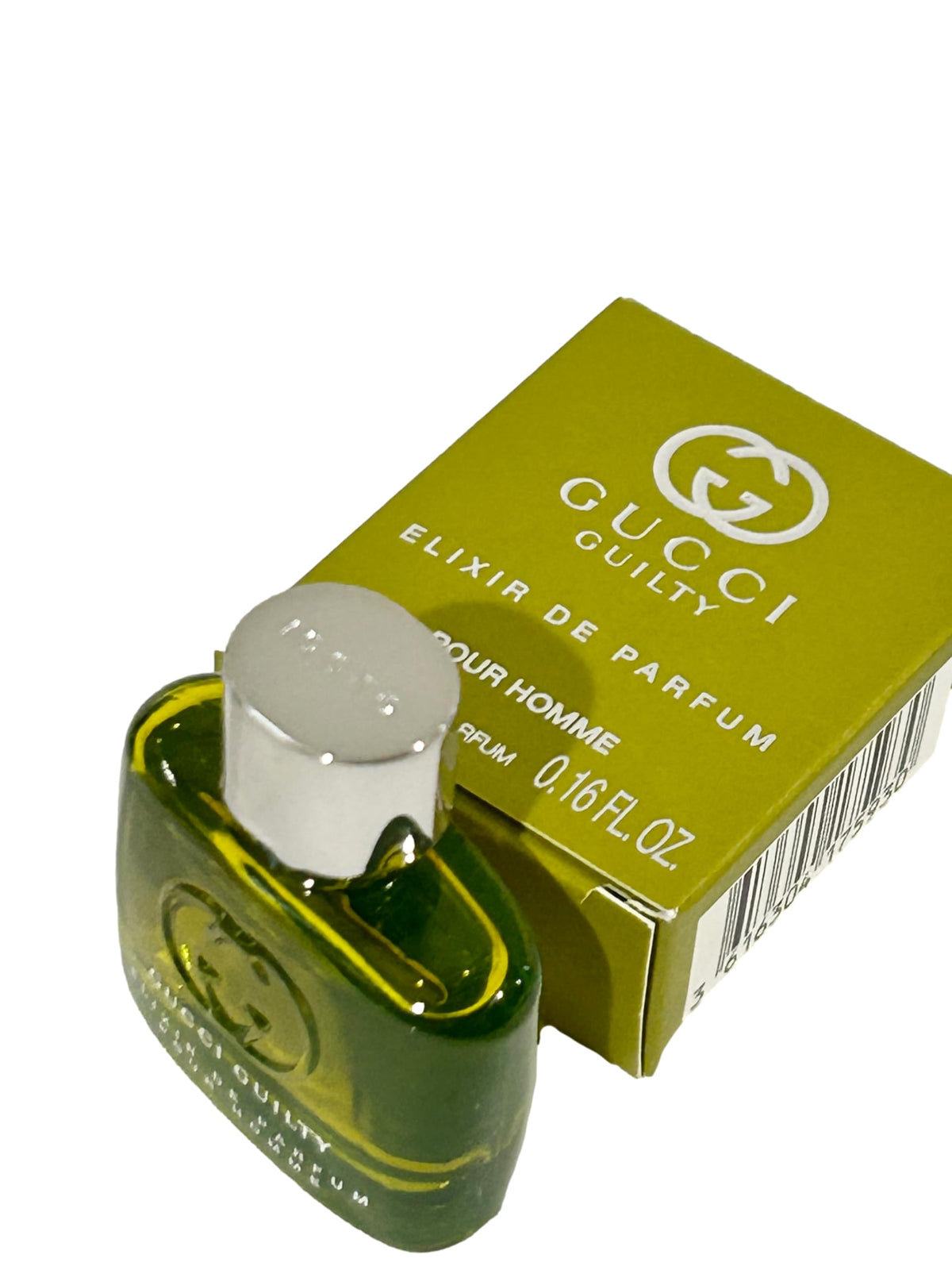 Gucci Guilty Elixir packaging box pictured signaling luxury branding and compact design.