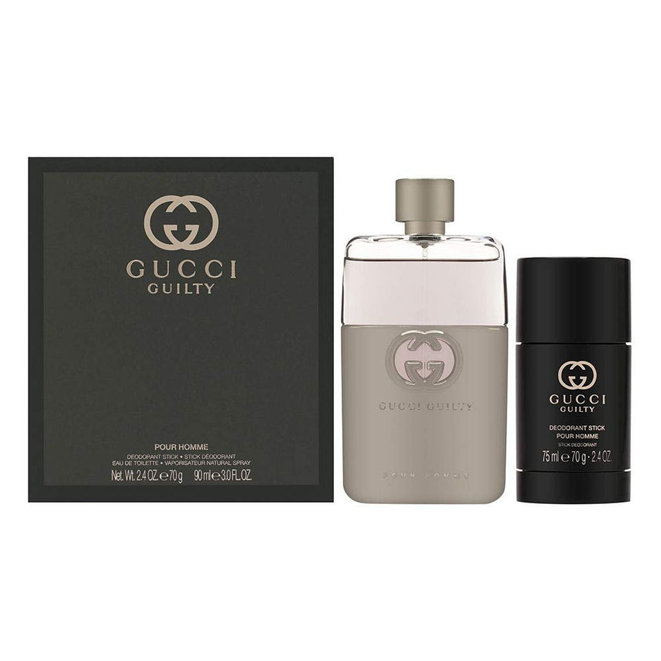 Gucci Guilty for Men 2pc gift set with EDT and deodorant, ideal for daily grooming.