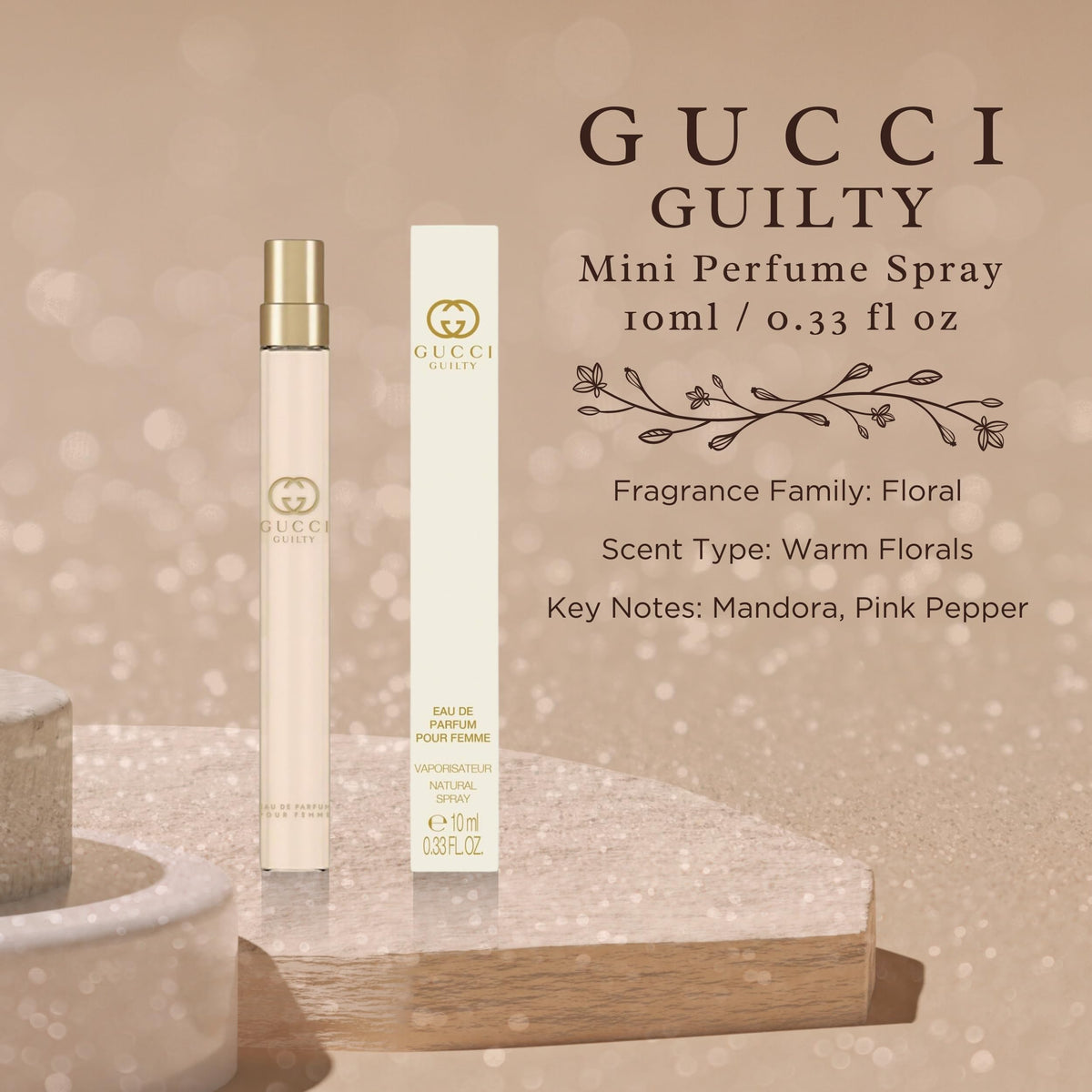 Gucci Guilty Pour Femme label close-up highlighting notes.