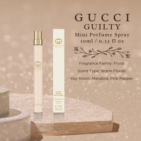 Gucci Guilty Pour Femme label close-up highlighting notes.