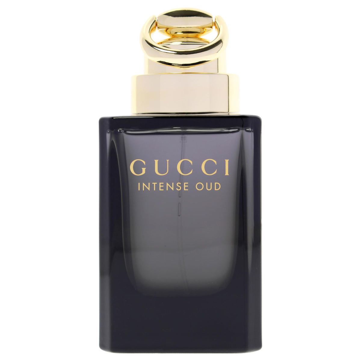 Gucci Intense Oud bottle angled to show sleek silhouette for refined nights