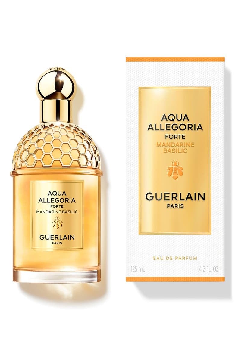 Guerlain Aqua Allegoria Forte Mandarine Basilic display, presenting a modern citrus fragrance for everyday wear.