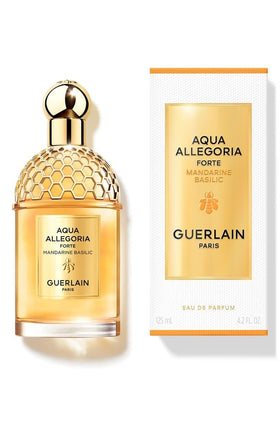 Guerlain Aqua Allegoria Forte Mandarine Basilic display, presenting a modern citrus fragrance for everyday wear.