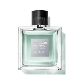 Guerlain Homme EDP bottle closeup highlighting bold masculine design.