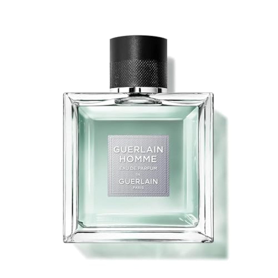 Guerlain Homme EDP bottle closeup highlighting bold masculine design.