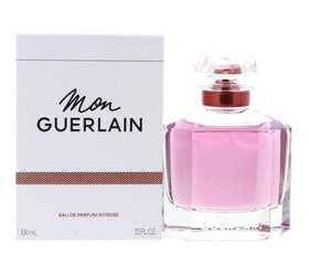 Guerlain Mon Eau de Parfum Intense bottle close-up with vanilla warmth and lavender freshness.
