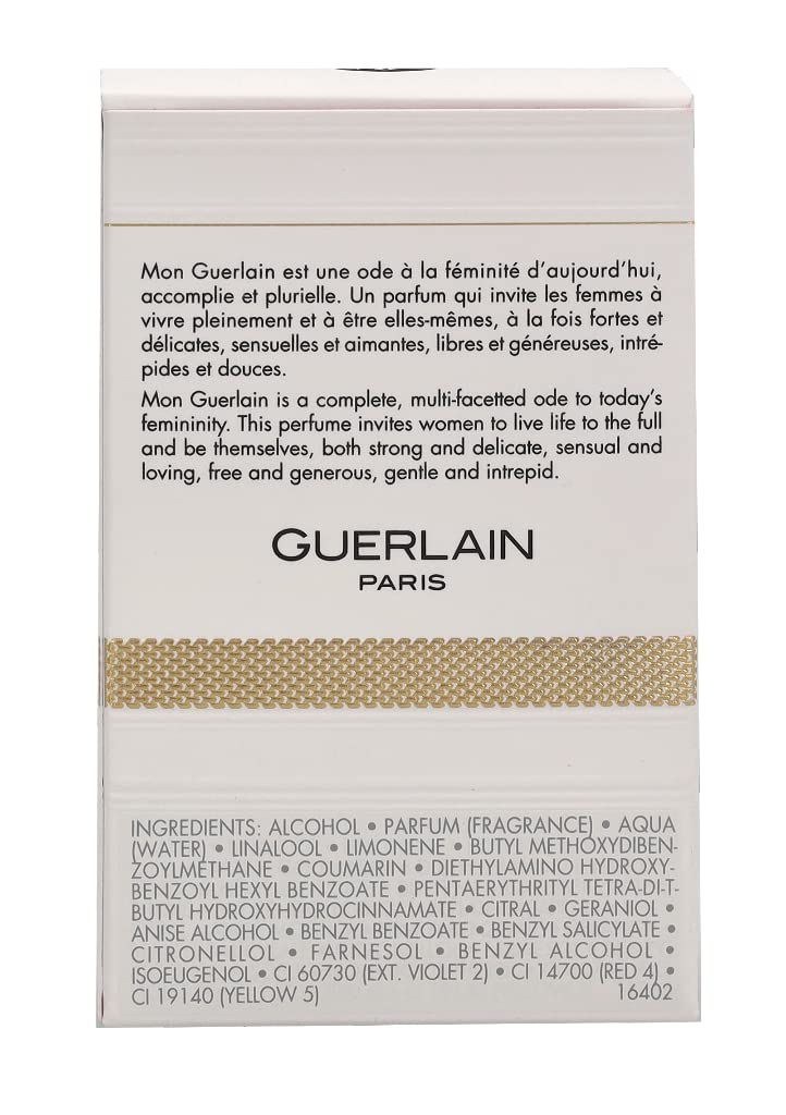 Guerlain Mon Guerlain flacon glass reflection, premium fragrance presence.