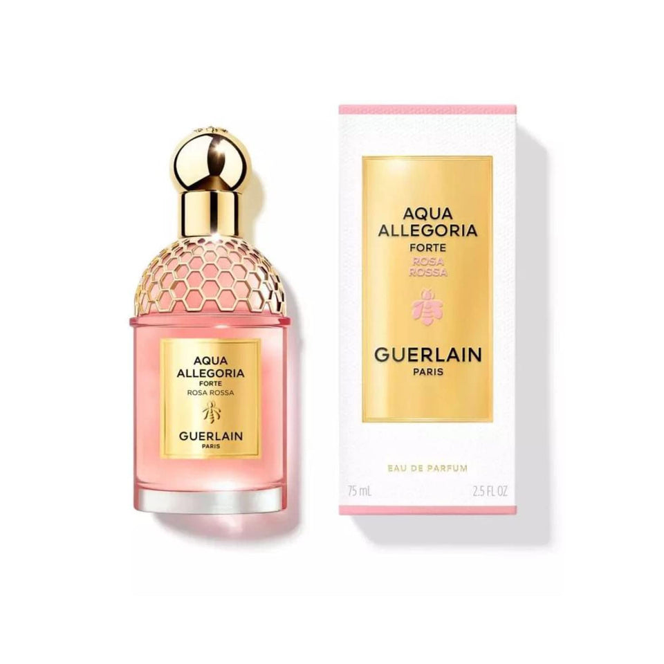 Guerlain Rosa Rossa Forte EDP bottle with pink hue highlighting romance and elegance