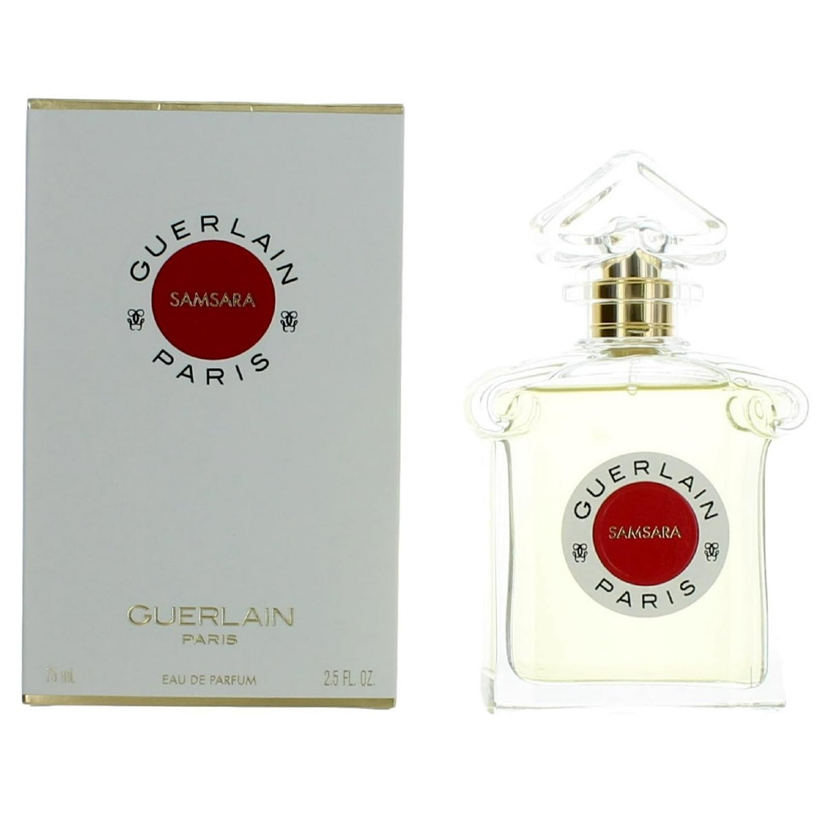 Guerlain Samsara glass bottle close-up for daily elegance with a floral-woody musk