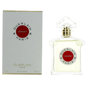 Guerlain Samsara glass bottle close-up for daily elegance with a floral-woody musk