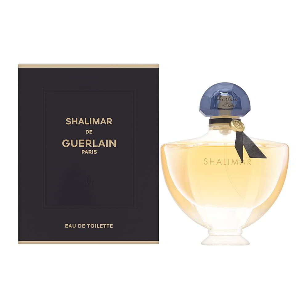 Guerlain Shalimar bottle front view, showcasing timeless elegance.