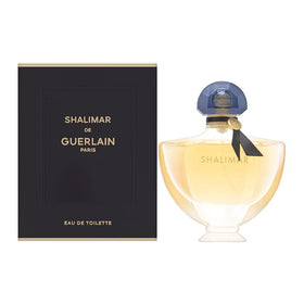 Guerlain Shalimar bottle front view, showcasing timeless elegance.