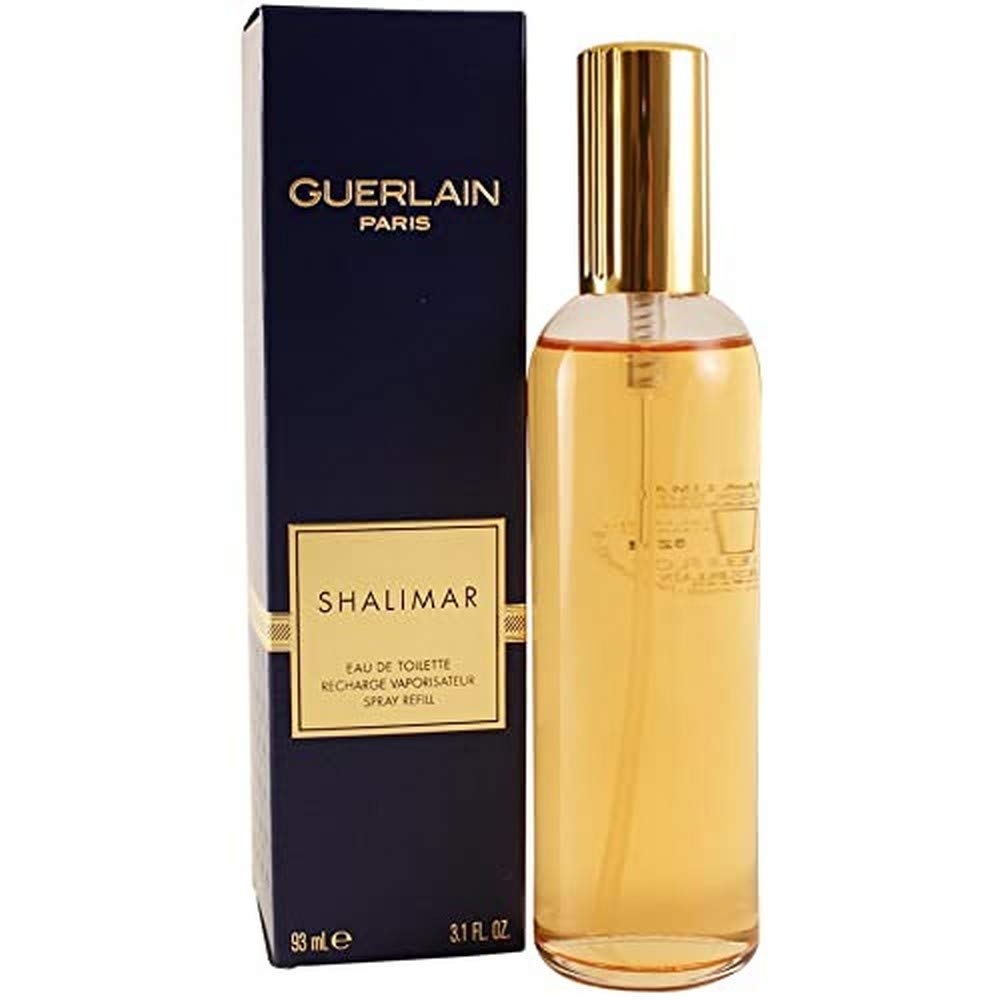 Guerlain Shalimar refill bottle 93 ml showcases elegant packaging for extended fragrance wear.