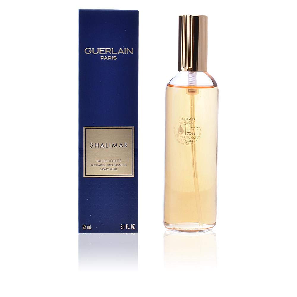 Guerlain Shalimar refill packaging closeup highlights classic bottle design and eco-conscious refill option.