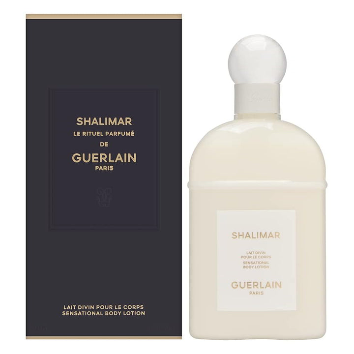 Guerlain Shalimar Sensational Body Lotion bottle offers long-lasting hydration and a delicate fragrance for everyday wear