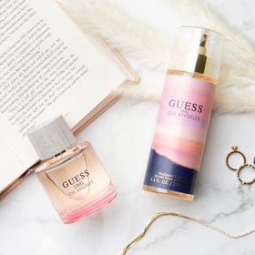 GUESS 1981 Los Angeles body mist label close-up showing fruity floral notes.