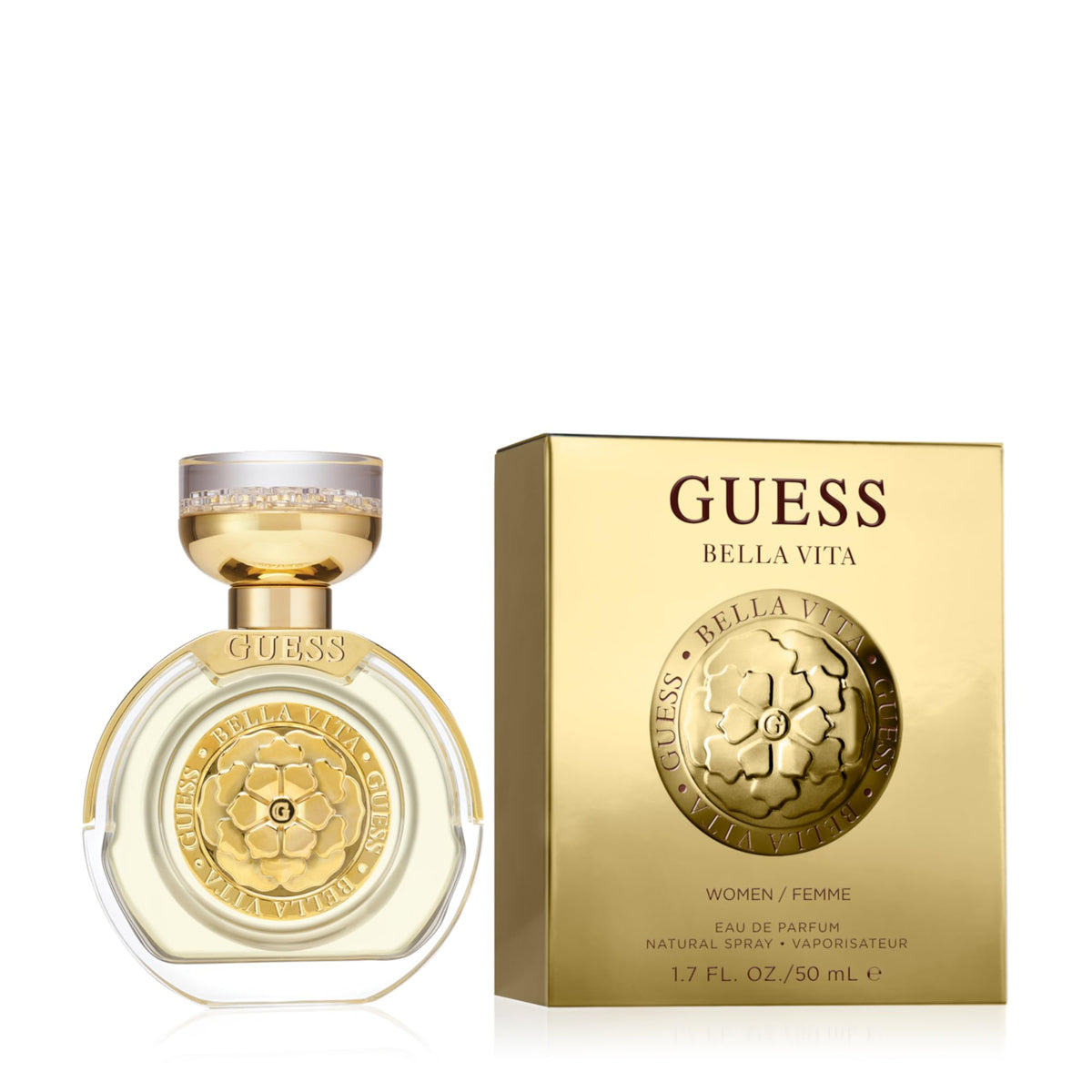 GUESS Bella Vita perfume bottle front view highlighting elegant design for everyday glamour.