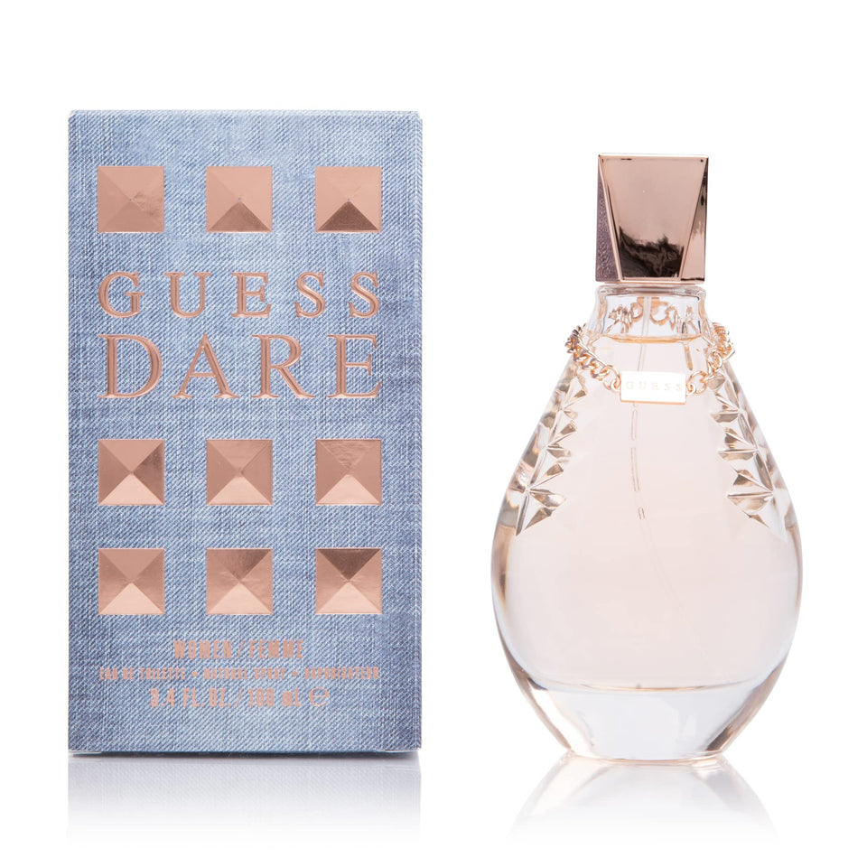 GUESS Dare bottle front view showcases sleek, confident design ideal for romantic evenings.