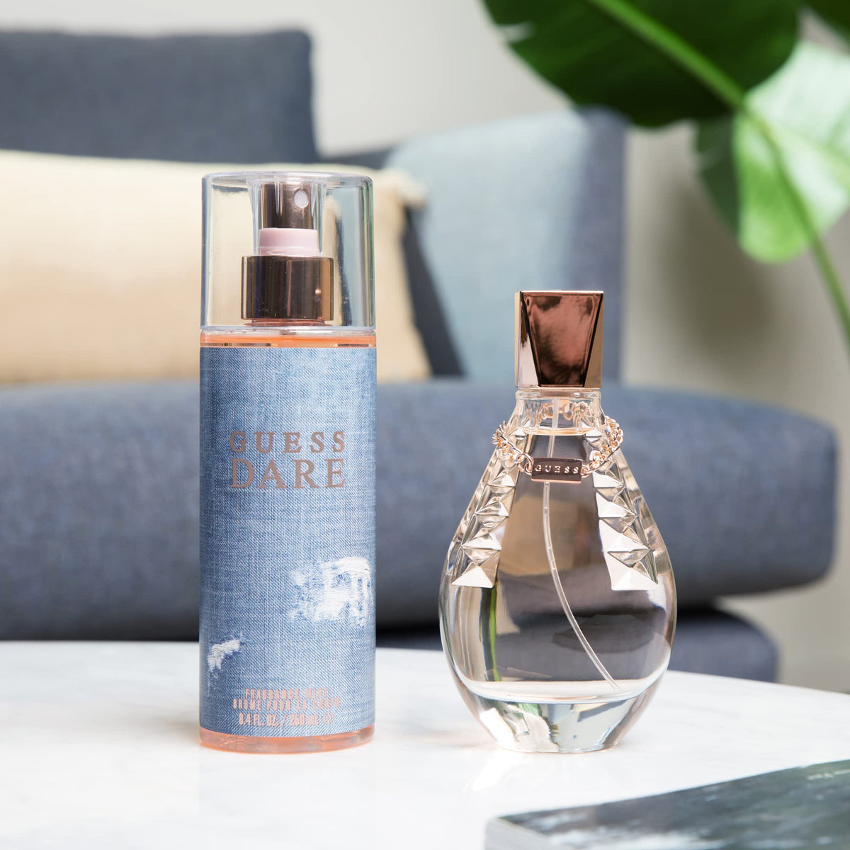 GUESS Dare bottle side profile emphasizes slim silhouette for travel-friendly elegance.