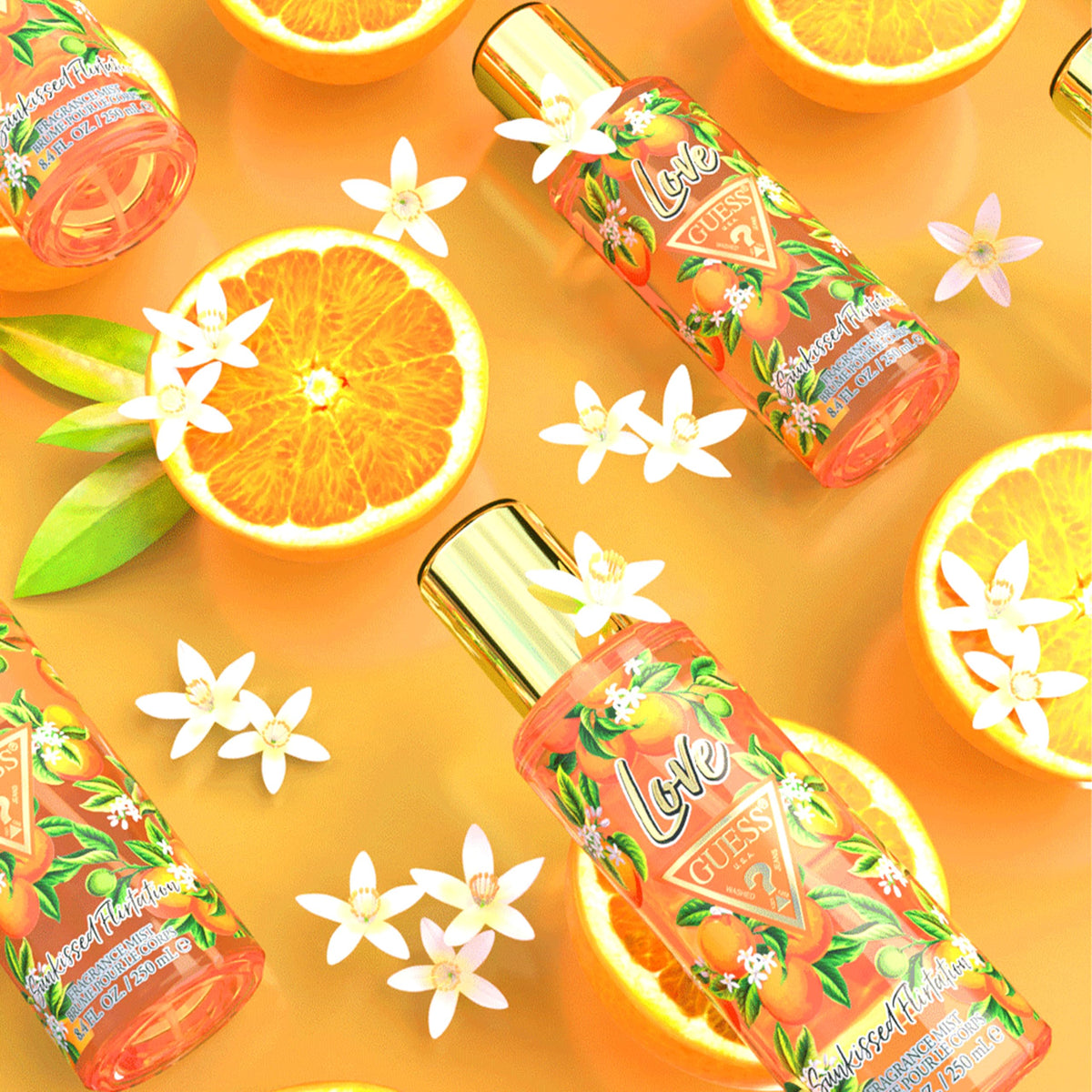 GUESS Love Sunkissed Flirtation Mist label closeup shows apricot and freesia notes
