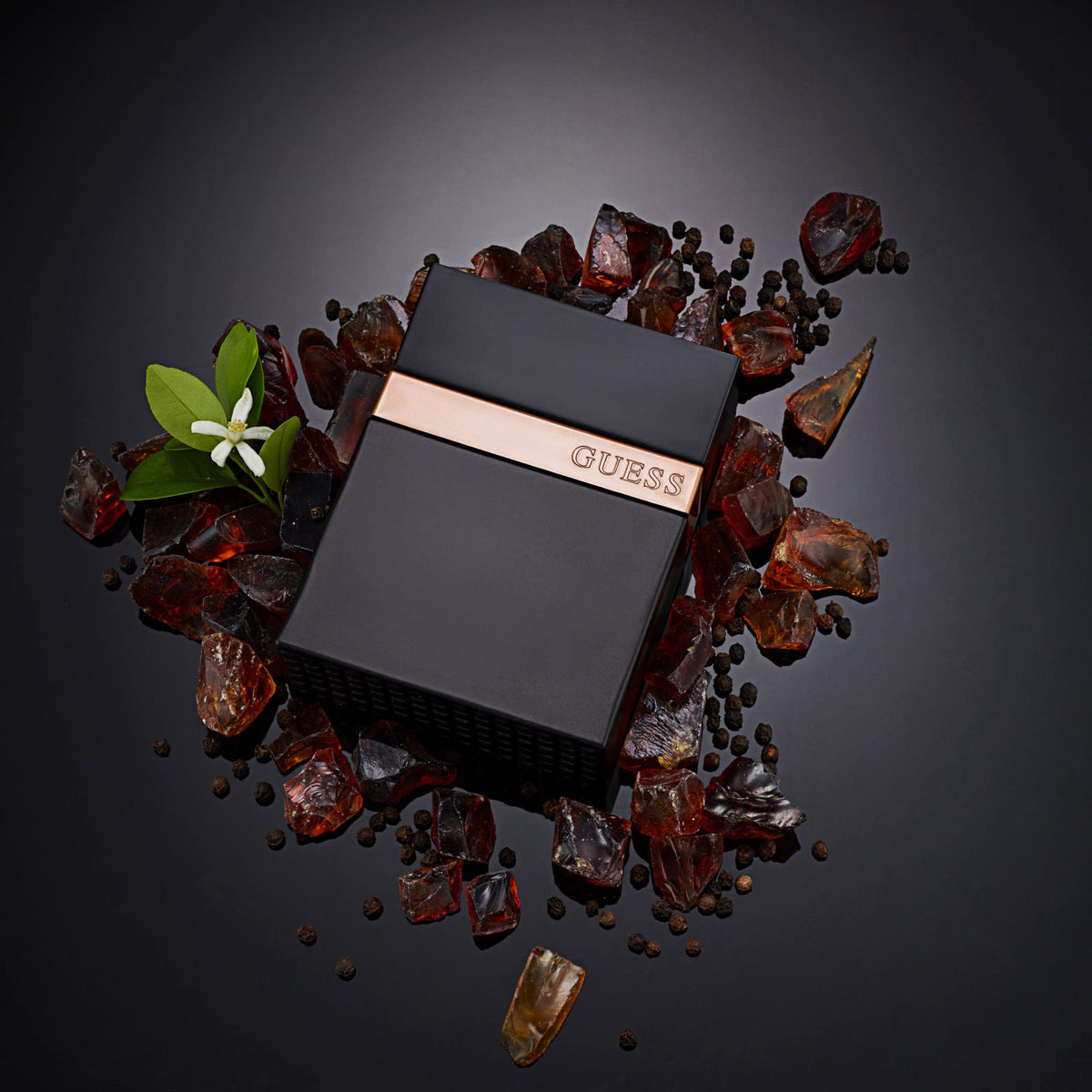 GUESS Seductive Noir base notes sandalwood and tonka bean, lasting warmth.