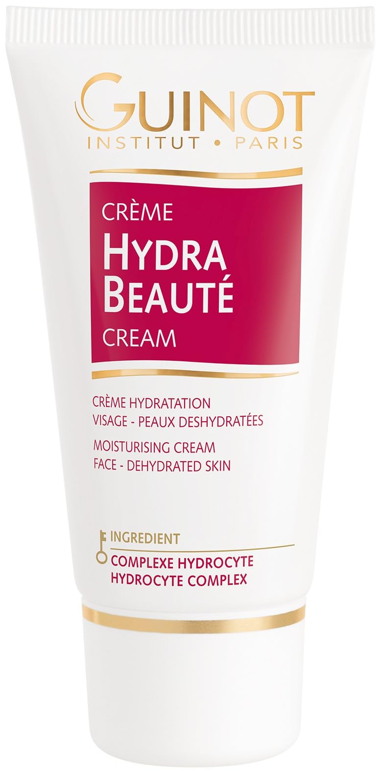 Guinot Creme Hydra Beaute facial cream bottle highlighting long-lasting hydration and moisture retention.