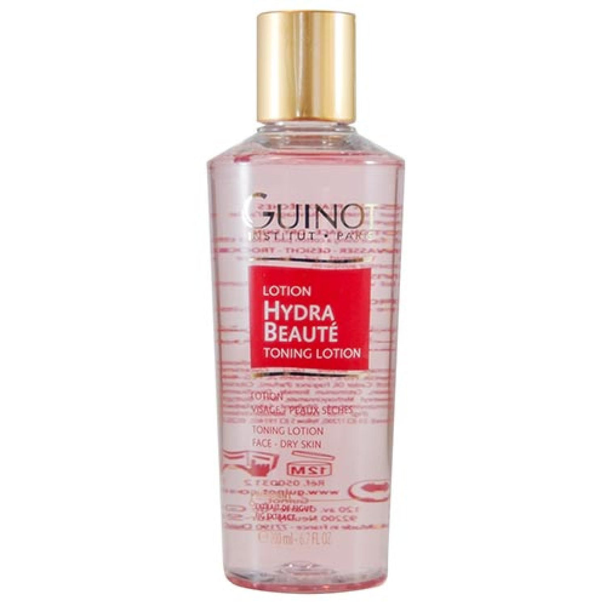 Guinot Hydra Beaute toning lotion bottle promoting balanced skin and gentle hydration.