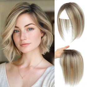GULALUUK Hair Toppers in ombre light brown with blond highlights blend naturally.