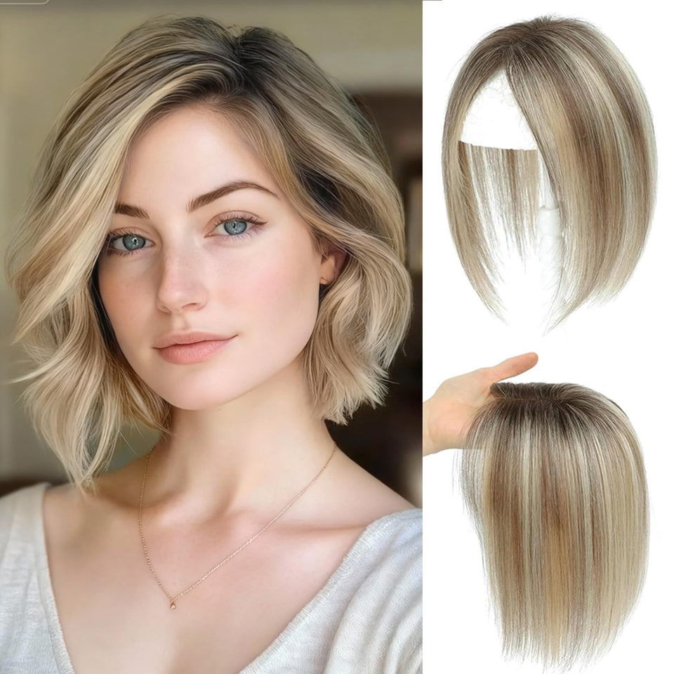 GULALUUK Hair Toppers in ombre light brown with blond highlights blend naturally.