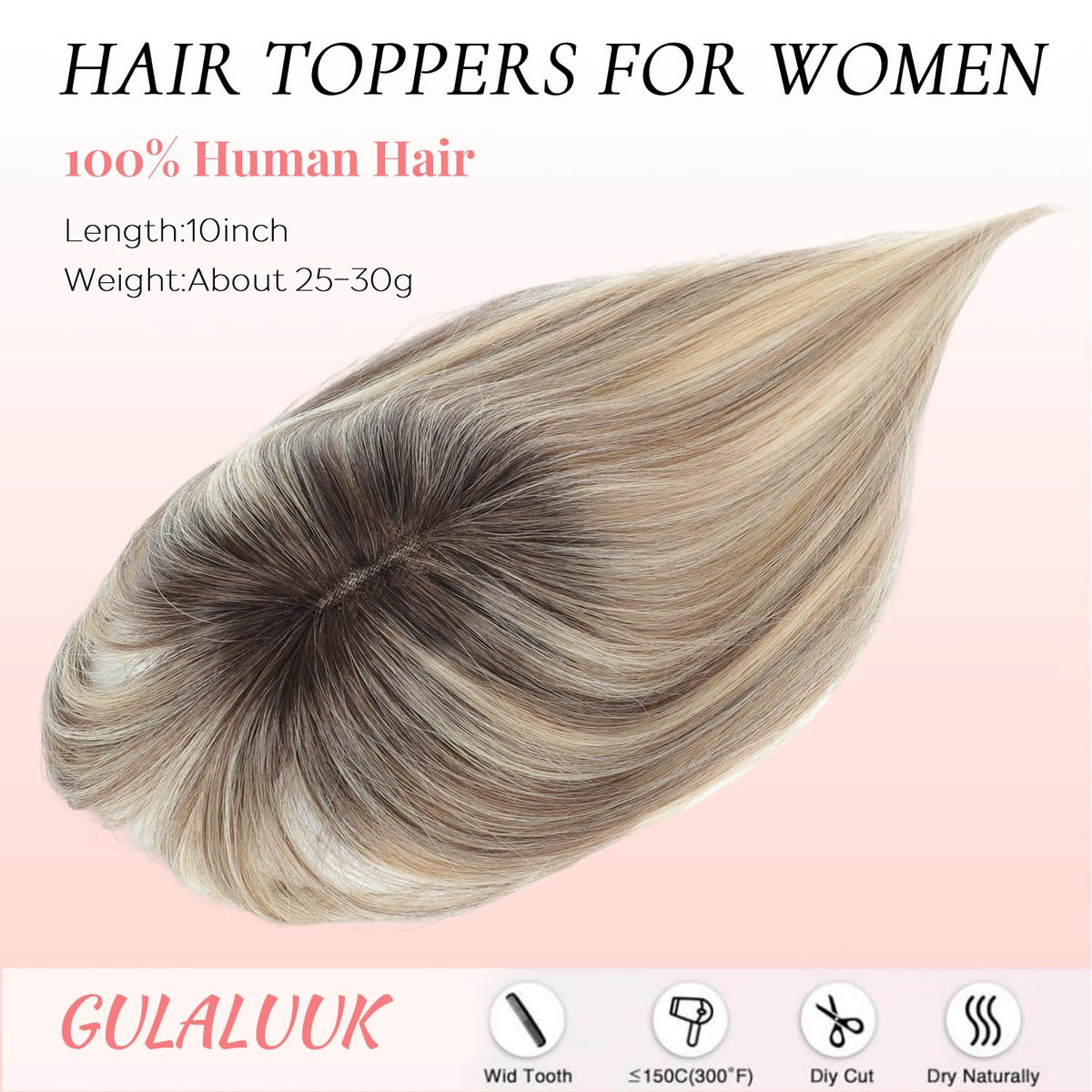GULALUUK real human hair topper offers versatile styling options.