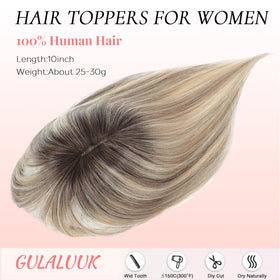 GULALUUK real human hair topper offers versatile styling options.