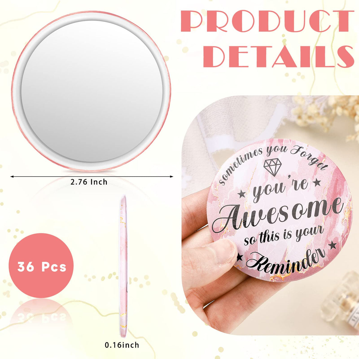 Gulfmew rose gold compact mirror back with motivational quote print.