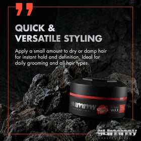 Gummy easy-application wax works on dry or damp hair for quick styling.