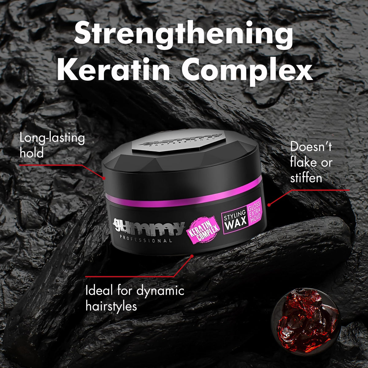 Gummy Hair Wax close-up shows moisturizing control for reshaping without stiffness.