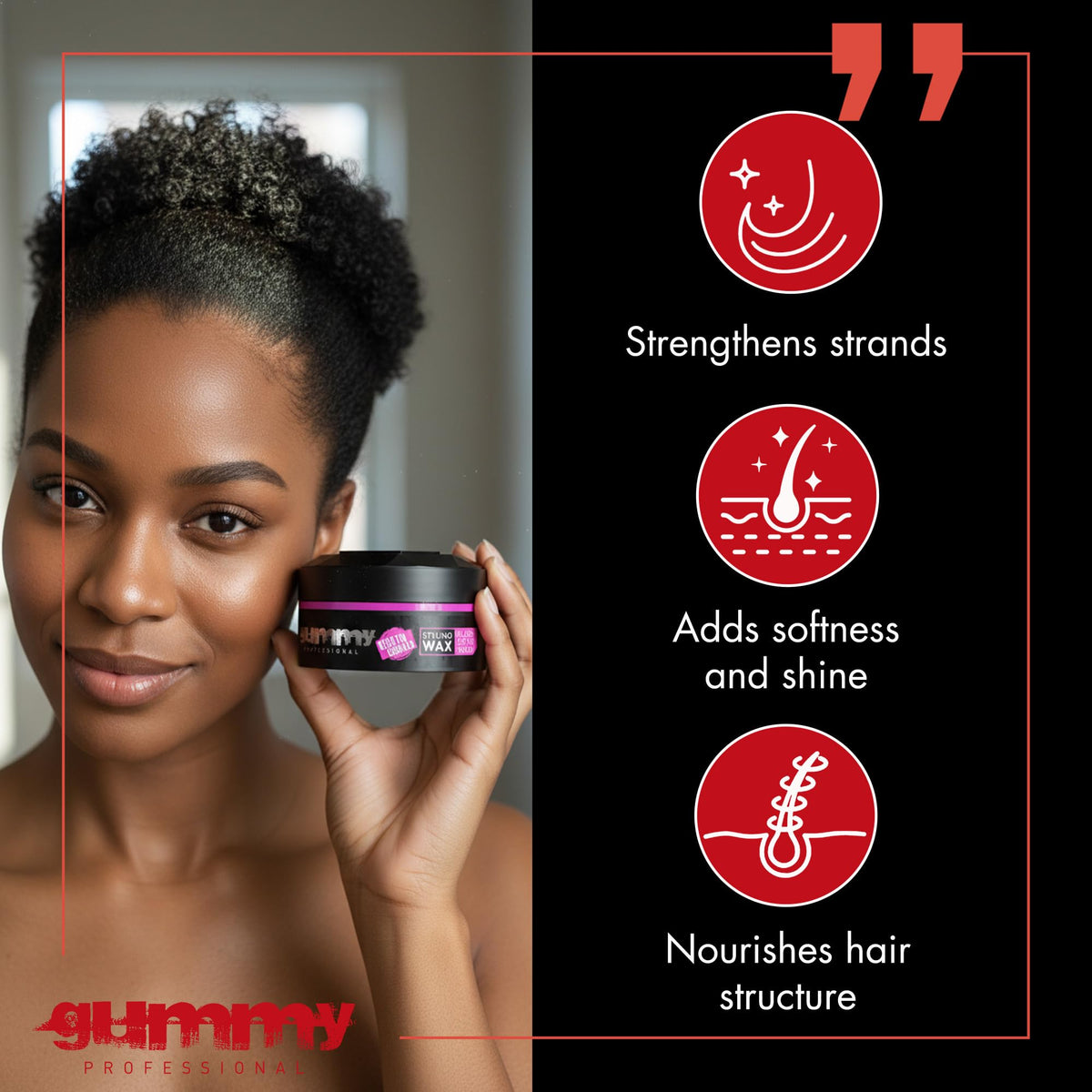 Gummy Hair Wax texture close-up demonstrates flexible, long-lasting hold for various styles.