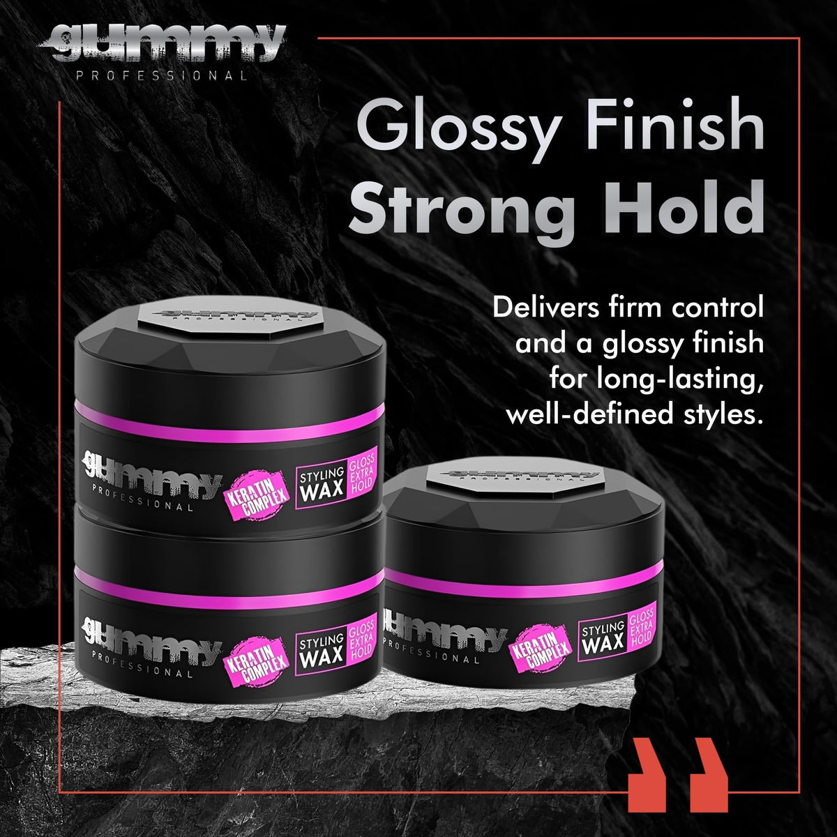 Gummy Hair Wax jar close-up shows water-based formula with non-greasy shine.