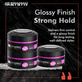 Gummy Hair Wax jar close-up shows water-based formula with non-greasy shine.