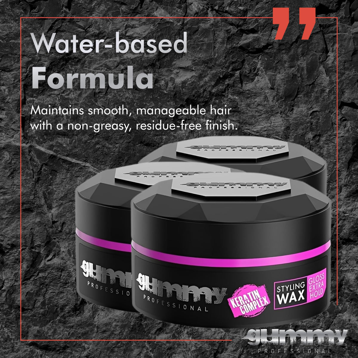 Gummy Professional Hair Wax bottle highlights keratin complex and provitamin B5 benefits.