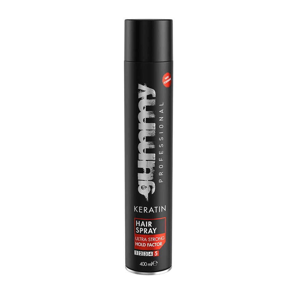 Gummy Professional Keratin Hair Spray delivers ultra-strong hold for lasting styles.