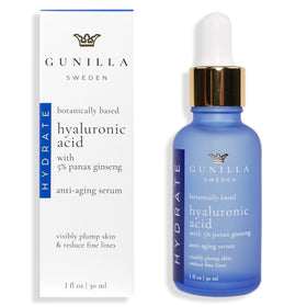 Gunilla of Sweden hyaluronic serum bottle showcases vegan hydration for all-day moisture.